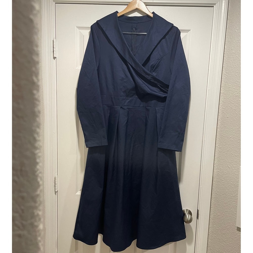 Womens Dress Plus Size 2XL Navy Blue Poly Spandex Fit & Flare Midi Long Sleeve